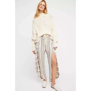 Free People Beach Pants Womens XS Cream Grey Striped Side Slit Wide Leg OB743341